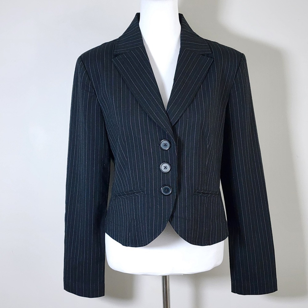 Black Pinstripe Blazer Womens Large Button Front Career Academia Office Formal